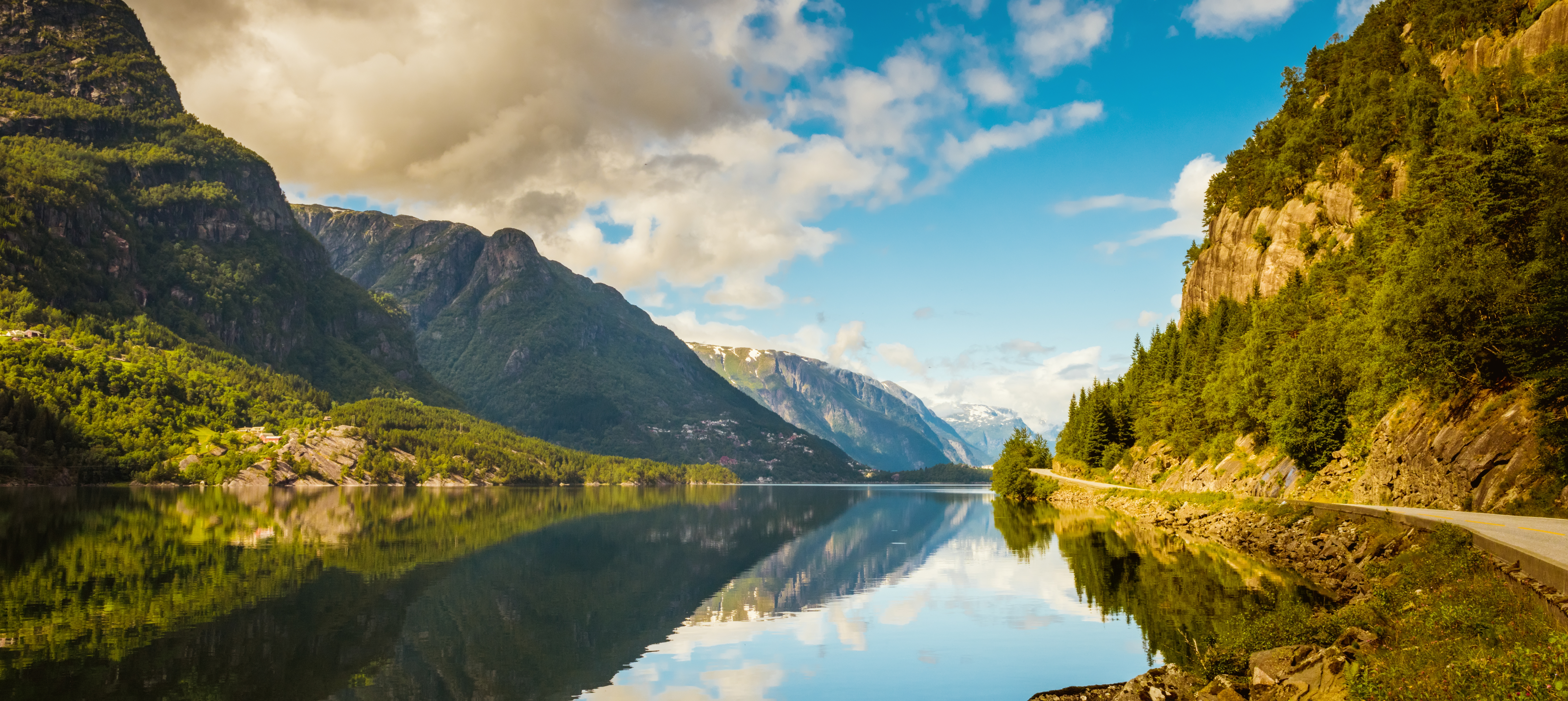 Hardangerfjord from water level near Eidfjord, where the Rv7 road leads to Vøringsfossen