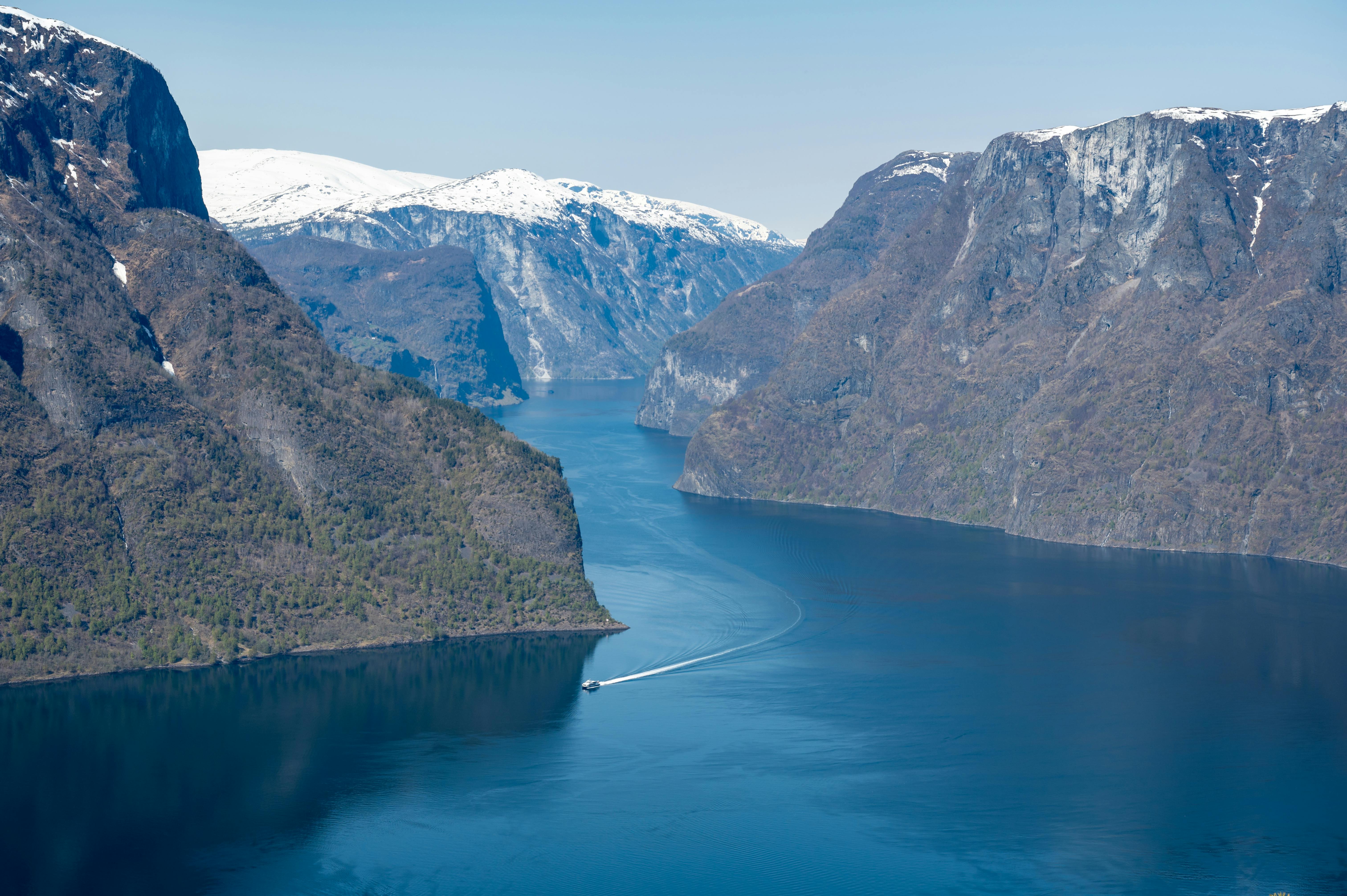 Nærøyfjord overview. The 17 km UNESCO fjord narrowing to 250 meters at Bakka, photographed from above.
