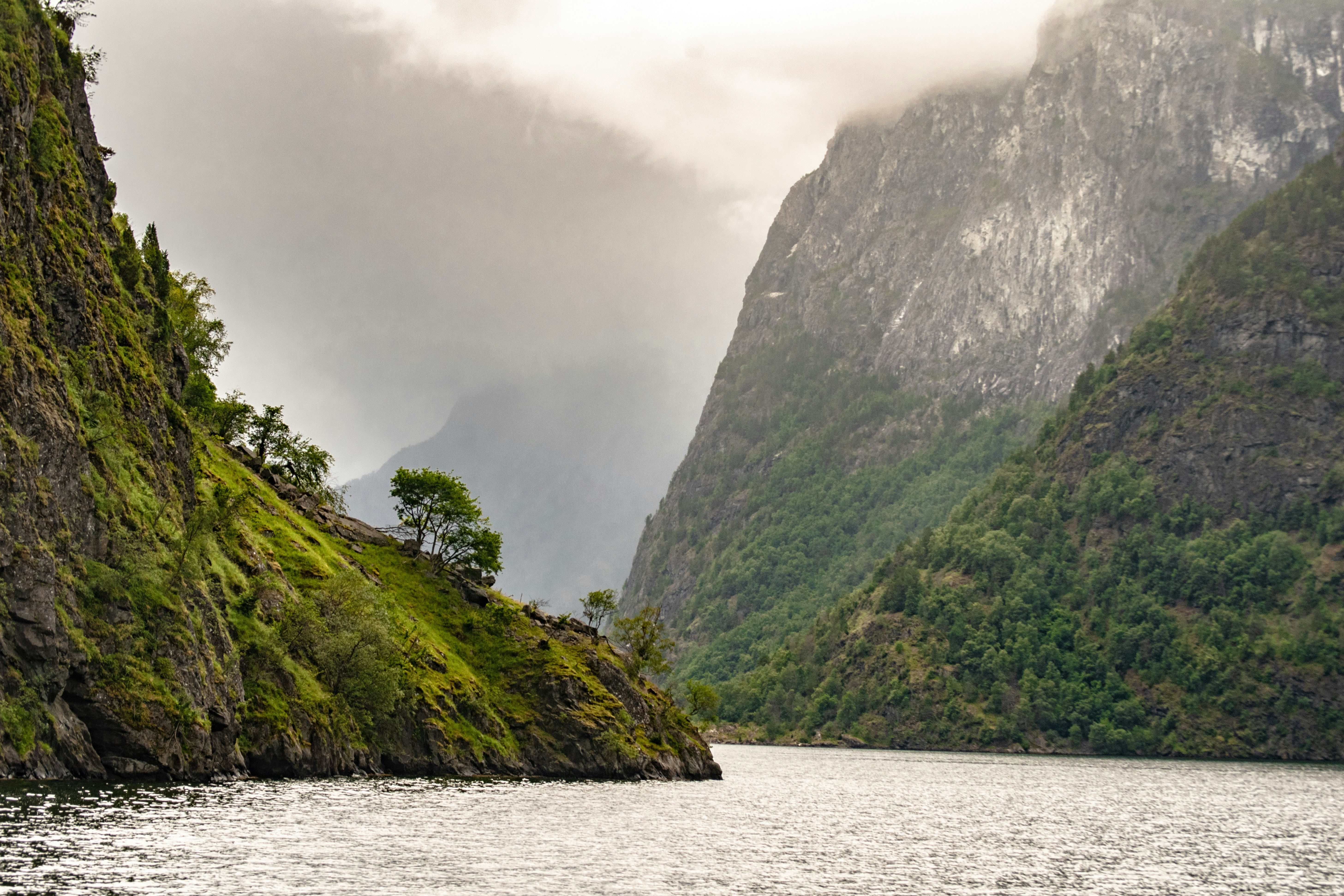 Nærøyfjord near Gudvangen. Vertical walls closing in from both sides at water level.